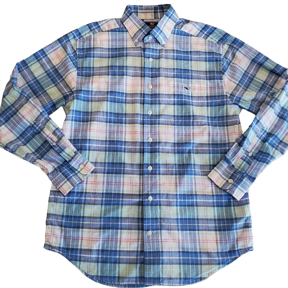 Vineyard Vines Men's Shirt Long Sleeve Classic Tucker Green Blue Plaid Whale M